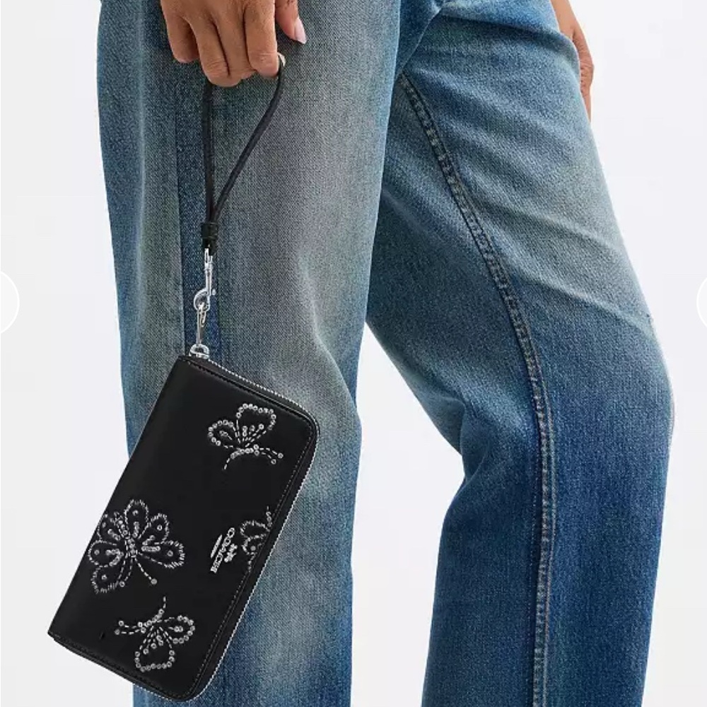 Coach Long Zip Around Wallet With Butterfly Print Black Silver - Picture 12 of 15